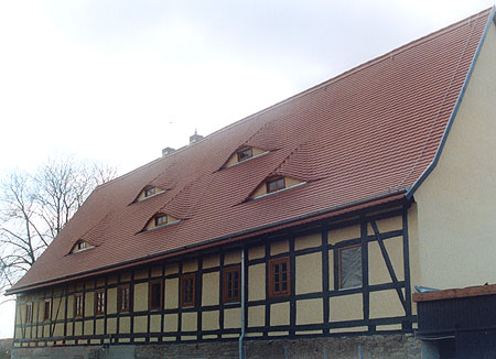 Fertiggestellte Dachfl&auml;che &middot; Biberschwanzziegel &middot; Format 15 x 38 mit Fledermausgauben